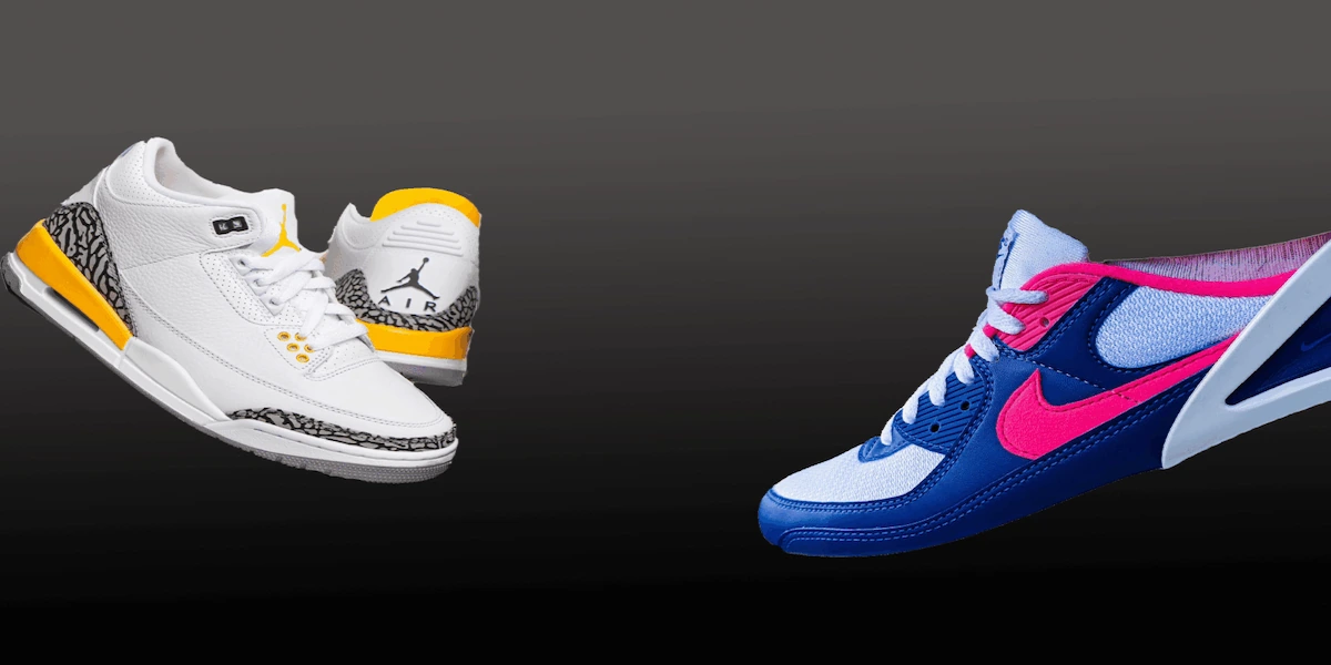 Trendy sneakers voor dames en heren – wit-geel Air Jordan en blauw-roze Nike bij Veshion